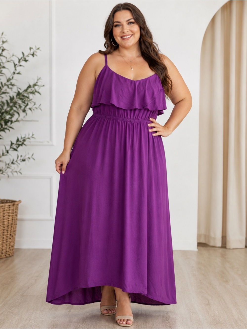 Pure Energy Purple Spaghetti Strap Ruffle Maxi Dress